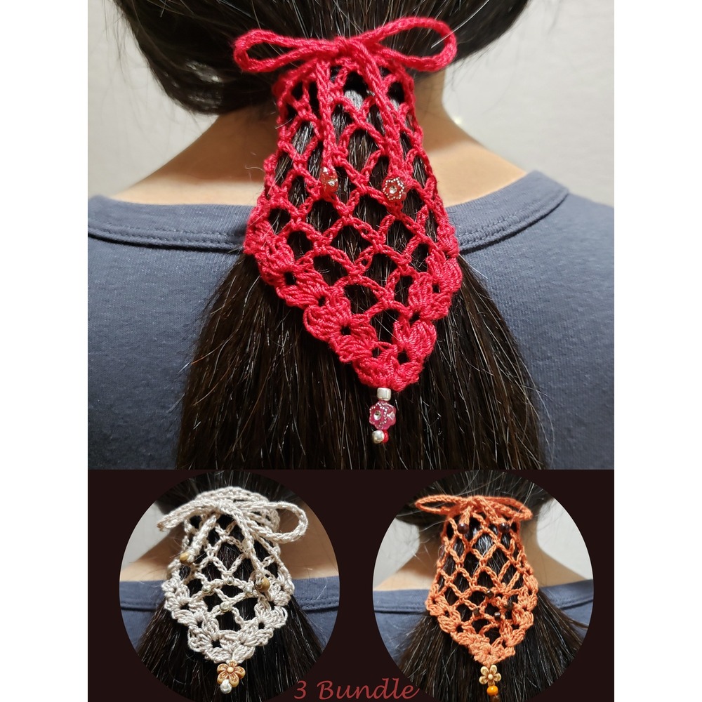 Handmade Crochet Hair Snood Bundle 3pc Red Orange Cream Beaded Ponytail Net Bow